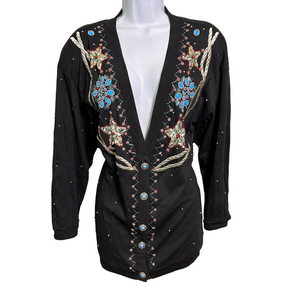 Vintage Marisa Christina Classics Beaded Cardigan Womens Small Turqoise Black - Picture 1 of 10